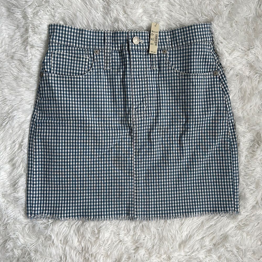 NWT Madewell Straight Stretch Mini Skirt Gingham: Raw Hemmed in Blue/White S 26